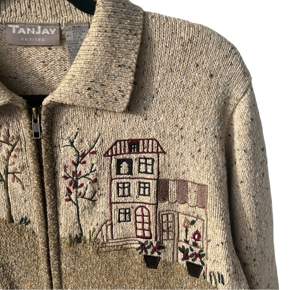 TANJAY Grannycore Cardigan Embroidered w/ Lady Walking Dog Size Petite Medium - Picture 3 of 8
